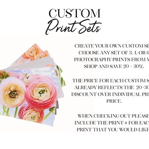 May include: A stack of six custom photography prints featuring pink and white flowers. The text on the image reads "CUSTOM Print Sets" and explains how to create a custom set of prints and save 20-30%.