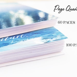 May include: Two notebooks with ocean-themed covers are stacked. The top notebook has a reflective surface. The bottom notebook has the word "future" in white script. The text "Page Quantity" and page counts of 60 and 100 are also visible.
