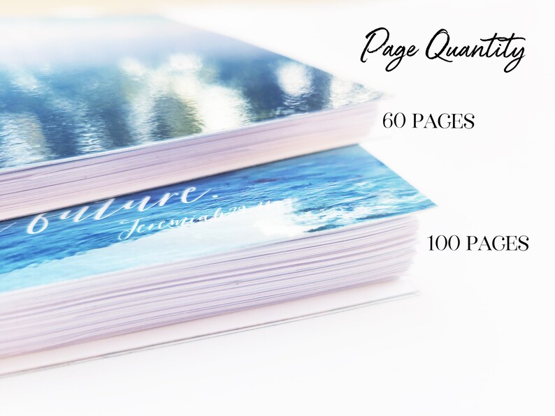 May include: Two notebooks with ocean-themed covers are stacked. The top notebook has a reflective surface. The bottom notebook has the word "future" in white script. The text "Page Quantity" and page counts of 60 and 100 are also visible.