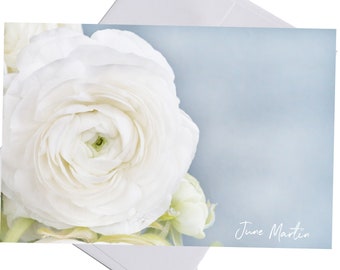 Personalized Stationery Set, White Flower Stationary,  Pretty Flower Cards, Folded Note Cards Set of 8 Flower Gifts Notecards with Envelopes