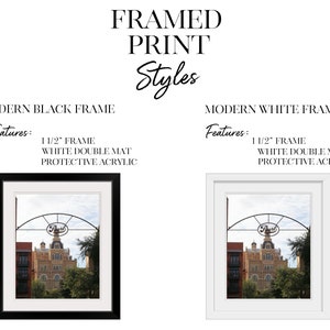 May include: Two framed prints of a building with a sign that says "Pearl" above it. The frames are both 1 1/2 inches wide and have a white double mat. The print on the left is in a black frame and the print on the right is in a white frame.