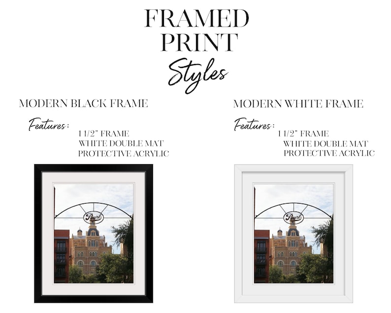May include: Two framed prints of a building with a sign that says "Pearl" above it. The frames are both 1 1/2 inches wide and have a white double mat. The print on the left is in a black frame and the print on the right is in a white frame.