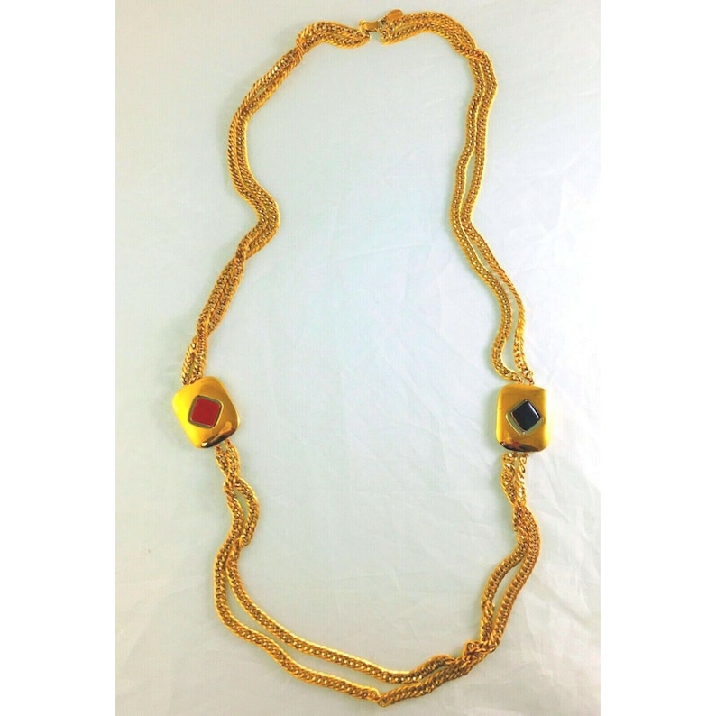 Fab! Vintage Couture Valentino Long Necklace Black Red Diamond Turns image 2