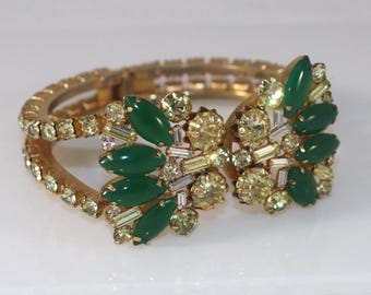 Vintage Hattie Carnegie Clamper 1950s Bracelet Cuff  Green Cabochon Rhinestones