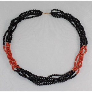 Vintage 14K Gold 5-Strand Onyx and natural  red Coral Twisted Torsade Necklace