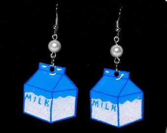 Milk Carton Shrink Plastic Dangle Earrings Breakfast Kawaii Cute
