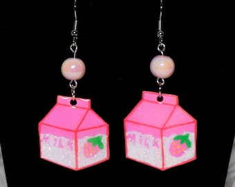 Strawberry Milk Carton Shrink Plastic Dangle Earrings Breakfast Kawaii Cute