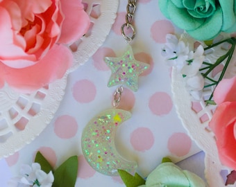 Star and Moon Glitter Resin Keychain Handmade Kawaii Cute