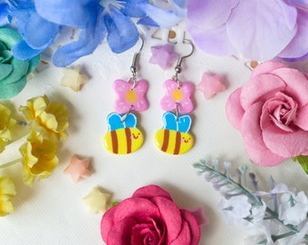 Cute Kawaii Bee and Flower Polymer Clay Dangle Earrings Handmade Jewelry
