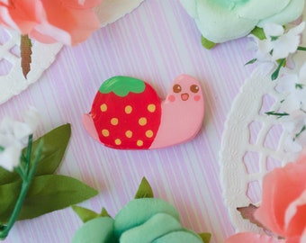 Strawberry Fruit Snail Polymer Clay Pin Handmade Kawaii Cute