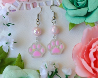 Cat Dog Paw Print Epoxy Resin Earrings Handmade Cute Kawaii Glitter Dangle