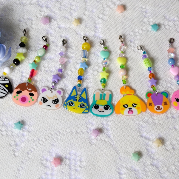 Animal Crossing Shrink Plastic Beaded Keychain Phone Charm Marina Stiches Isabelle Sasha Ankha Marshal Zucker Lucky Kawaii Cute Handmade