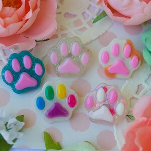 May include: Six colorful paw print shaped resin charms with glitter accents. The charms are pink, blue, white, and multi-colored.