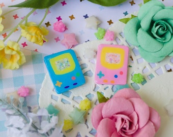 Cute Kawaii Gameboy Polymer Clay Pin- Pink Blue Glitter