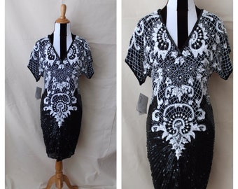 Vintage 80s Deadstock Gatsby Flapper Dress Beaded Sequined Faux Pearl Silk Black and White Swee Lo New York Designs