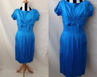 1950s Royal Blue Satin Cocktail Dress, 1950s Boatneck Wiggle Dress with Pockets Size Medium