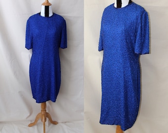 Vintage Cobalt Blue Beaded Silk Flapper Dress, Laurence Kazar Blue Wiggle Dress, 80s Does 20s Royal Blue Beaded Dress Size Large