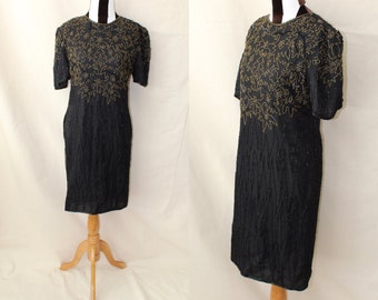 1980s Amber Black Beaded Dress | 80s Does 20s Flapper Dress | Silk Beaded 80s Wiggle Dress | High Neck Short Sleeve Party Dress