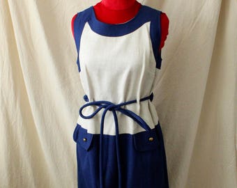 1960s Blue and Cream Nautical Sleeveless Cotton Canvas Knee Length Sheath Dress with Rope Belt and Faux Front Pockets with Brass Buttons