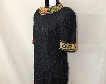 80s Does 20s Beaded and Sequined Silk Flapper Dress Black with Pink, Green and Gold Accents