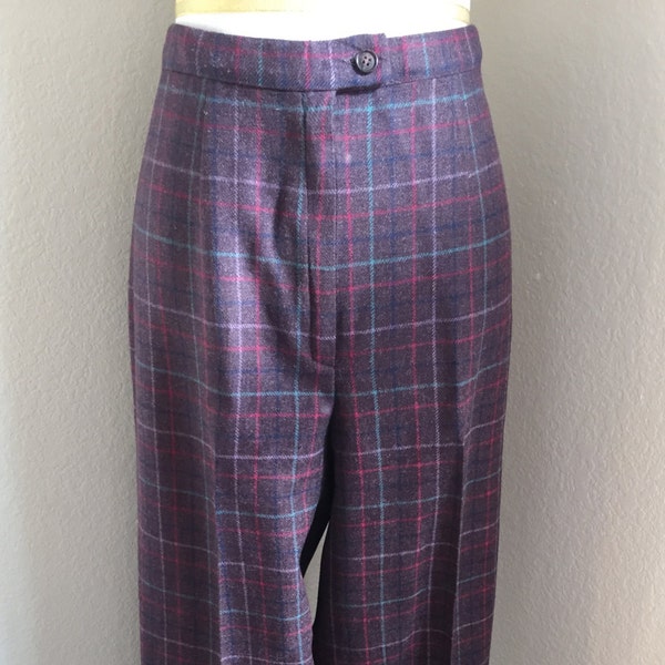 1970s Purple Pendleton Plaid Pants Flared Aqua, Pink, Blue and Lavender Stripes