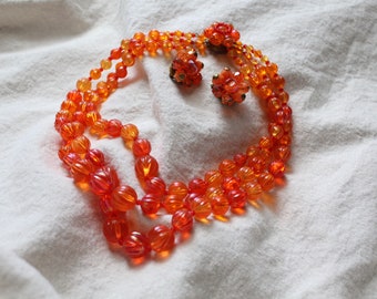 1950s 1960s Vintage Three-Strand Bead Necklace and Earring Set West Germany Iridescent Orange and Pink With Flower Clasp