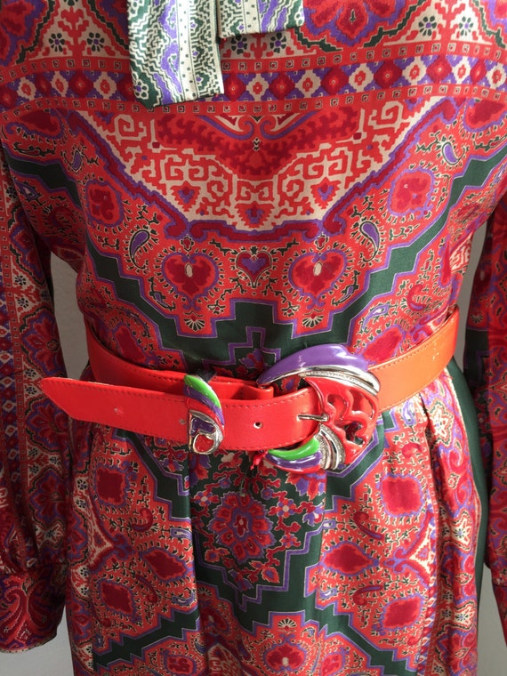 80s Bright Red Belt with Chunky Metal Fish Buckle… - image 3