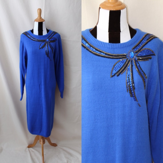 1980s Royal Blue Sweater Dress with Beads and Seq… - image 1