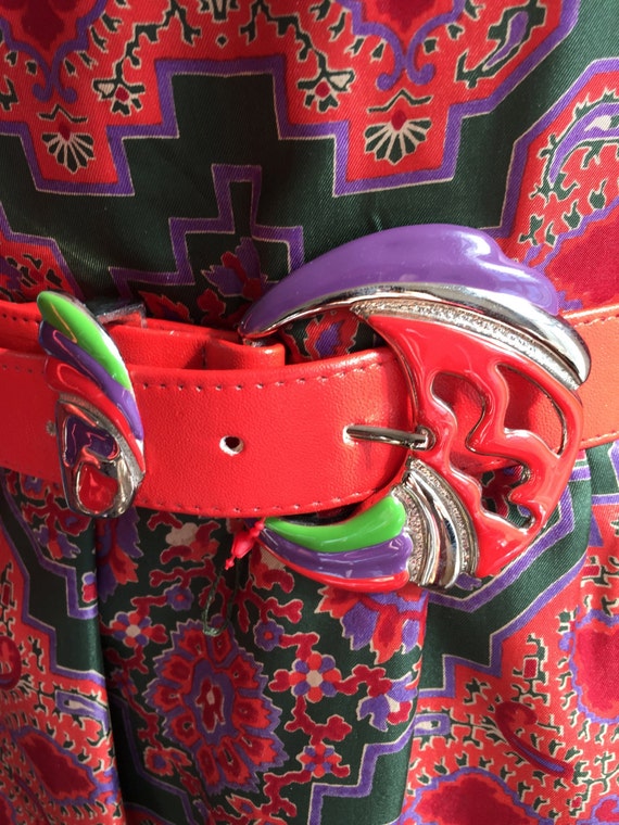 80s Bright Red Belt with Chunky Metal Fish Buckle… - image 2