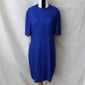 Vintage Cobalt Blue Beaded Silk Flapper Dress, Laurence Kazar Blue Wiggle Dress, 80s Does 20s Royal Blue Beaded Dress Size Large