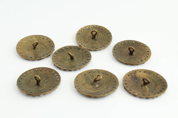 Vintage Set of 5 Champleve Round Cut-Out Brass Buttons with