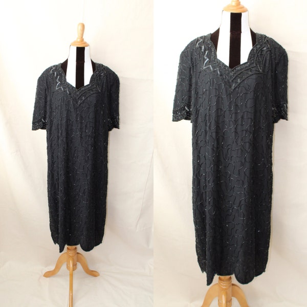 80s Does 20s Black Beaded and Sequined Flapper Dress Size 3X