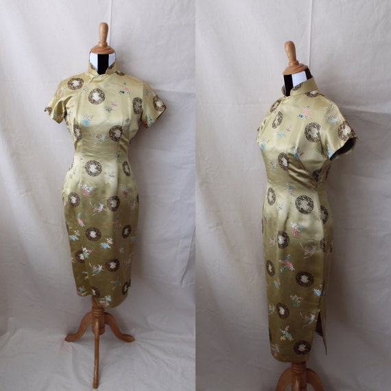 1950s Gold Silk Cheongsam Dress, 1950s Floral Broc