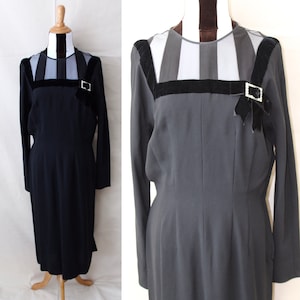 1950s Black Dress Illusion Neckline | 50s Party Dress Rhinestone Brooch and Velvet Accents | Long Sleeve 50s Black Midi Dress