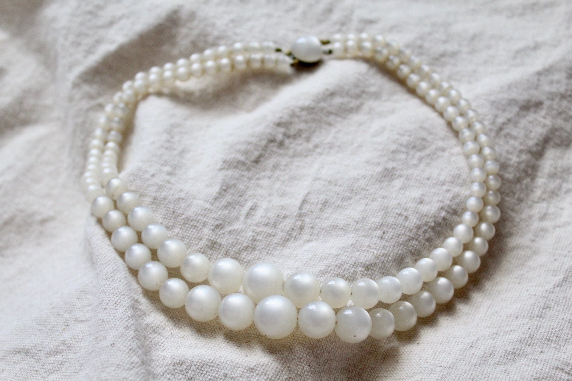 1950s Vintage Two Strand White Graduated Bead Necklace Signed Richelieu Satinore | Midcentury Double Strand Necklace of Moonlit White Beads
