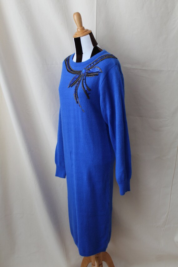 1980s Royal Blue Sweater Dress with Beads and Seq… - image 3