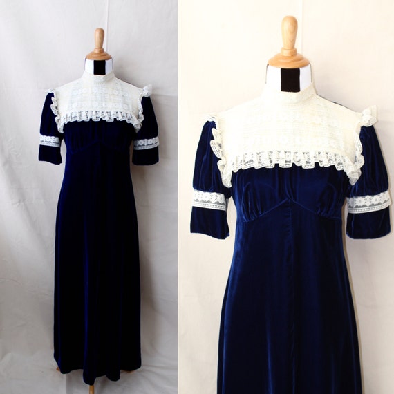 1970s Midnight Blue Velvet Gown, Full Length Velve