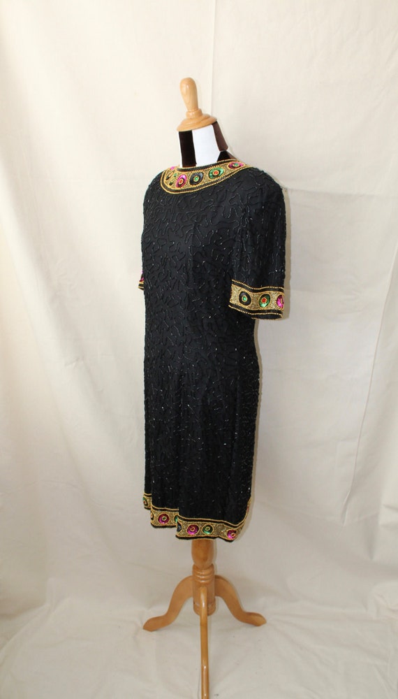 80s Does 20s Beaded and Sequined Silk Flapper Dres