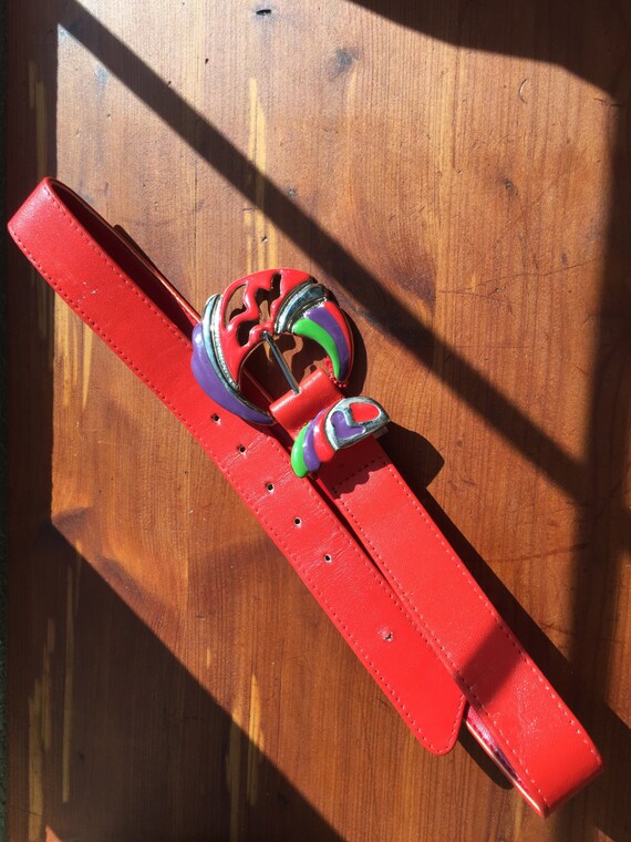 80s Bright Red Belt with Chunky Metal Fish Buckle… - image 4