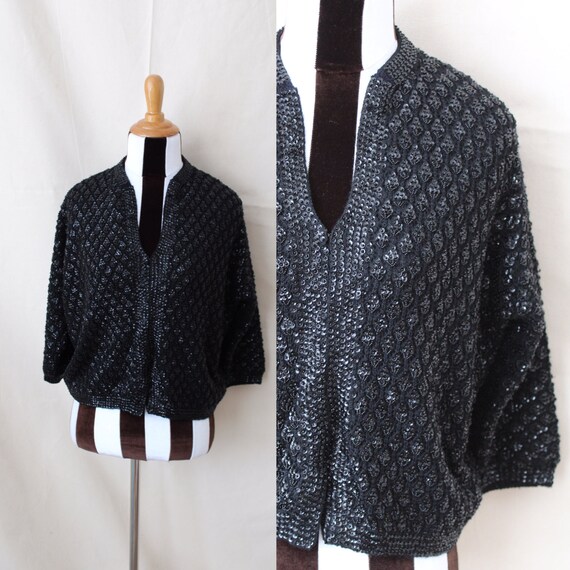 1950s Black Beaded Sequined Sweater | Midcentury B