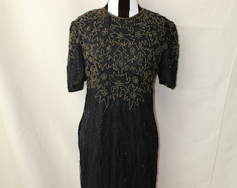 1980s Amber Black Beaded Dress | 80s Does 20s Flapper Dress | Silk Beaded 80s Wiggle Dress | High Neck Short Sleeve Party Dress