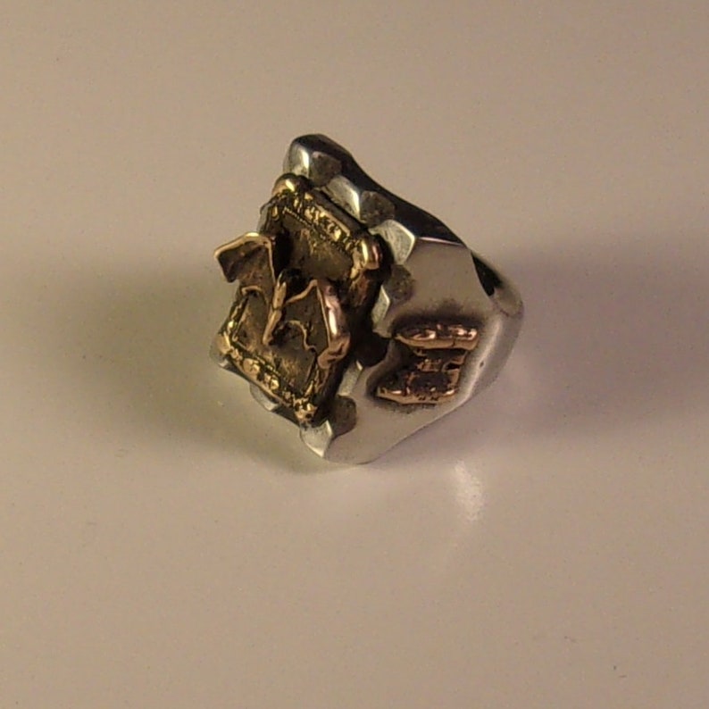 Puede incluir: Anillo plateado con superficie texturizada y detalles dorados. El anillo presenta un emblema dorado con un dise&ntilde;o de murci&eacute;lago y otros adornos dorados. Una pieza de joyer&iacute;a &uacute;nica.