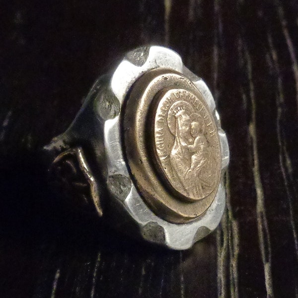 Bague motard mexicaine Vierge Marie et l'enfant Sainte Theotokos Mère Marie bébé Jésus bijoux catholiques