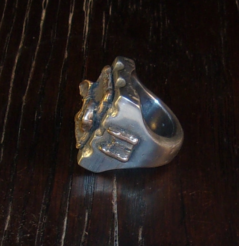 Puede incluir: Un anillo plateado con un dise&ntilde;o abstracto. El anillo presenta una superficie texturizada con detalles en color bronce. La banda es lisa y pulida, creando un contraste con la parte superior detallada.