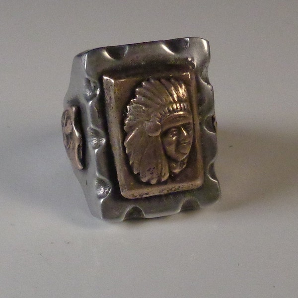 Mexican Biker Ring Native American Indian Head Warpath Vintage