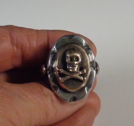 Mexican Biker Ring Skull N Bones Pirate Punk Vintage 1950's Rock