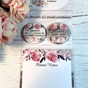 Ens. Notepad with sticky sheets (post it style) and 2 personalized magnets for educator, educator gift