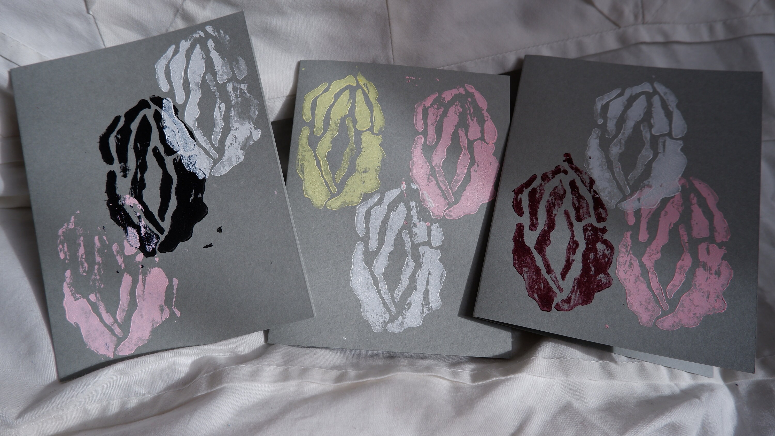 Hand stamped vulva cards sets of 3 on sage gray paper Etsy