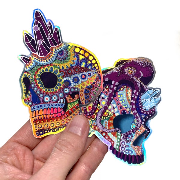 2 holographic skull stickers