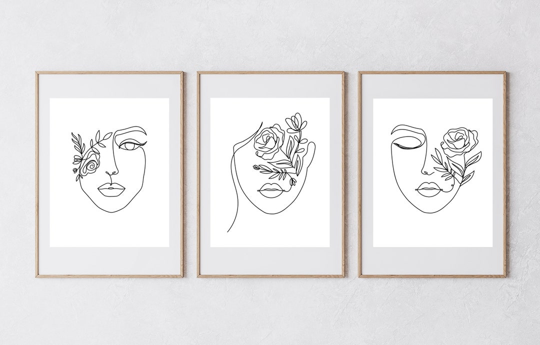 Botanical Floral Women Line Art Set of 3 Prints - Etsy